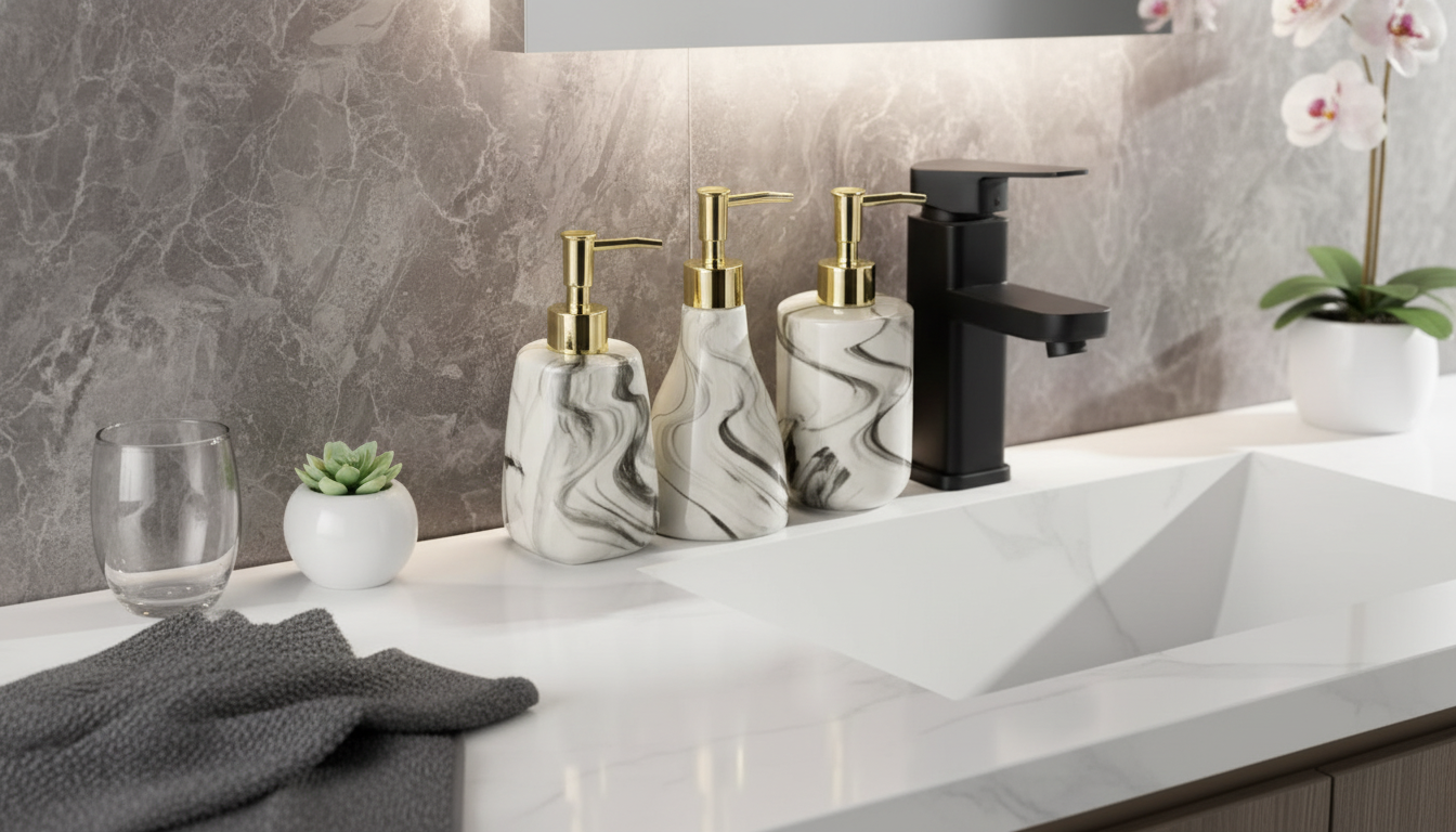 Ceramic Soap & Lotion Dispenser with Gold Pump Guide