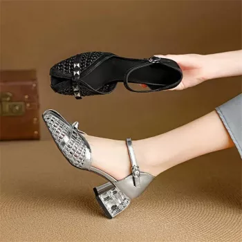 Rivet Split Leather High Heel Sandals for Summer Nights